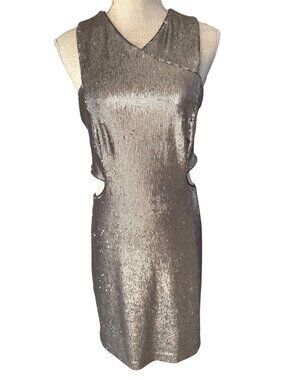 Halston Heritage Metallic Silver Cutout Sequin Dress Sleeveless V-Neck Glam